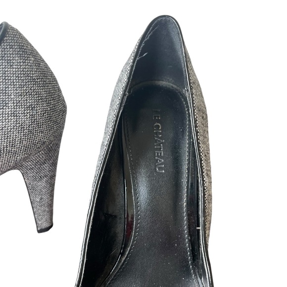 Le Chateau tweed platform heels gray black bouclé flower accent high heel 4” - Picture 6 of 12